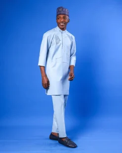 A Sky Blue, bishop neck, splashed jacquard details 3/4 sleeve African senator Kaftan native