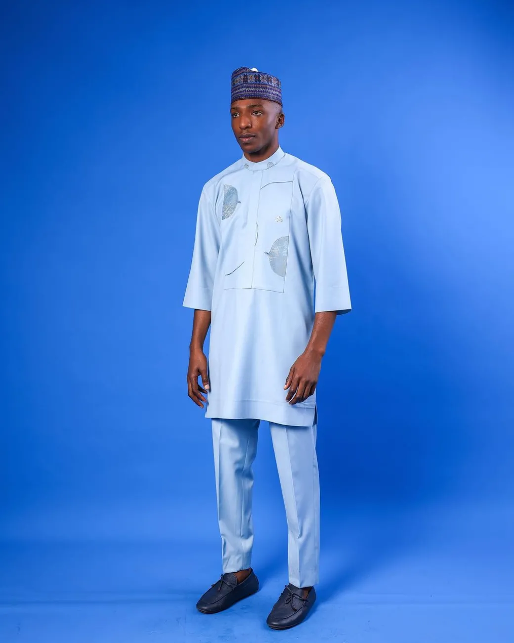 A Sky Blue, bishop neck, splashed jacquard details 3/4 sleeve African senator Kaftan native