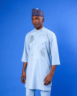 A Sky Blue, bishop neck, splashed jacquard details 3/4 sleeve African senator Kaftan native