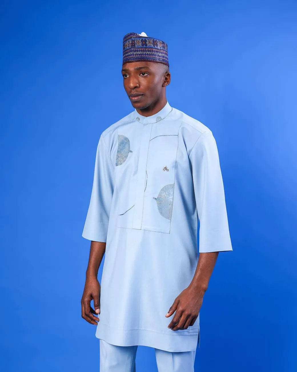 A Sky Blue, bishop neck, splashed jacquard details 3/4 sleeve African senator Kaftan native