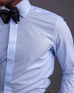 A Sky Blue, Covered Button, Connected Paisley Print Tuxedo Shirt.