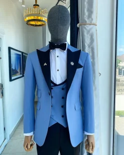 A Sky Blue Peak Lapel Tuxedo Suit