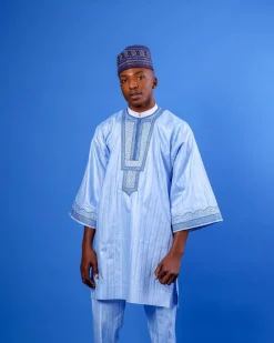 A Sky Blue, Spiral & Basket, Wide-Cut 3/4 Sleeve African Senator Kaftan Native