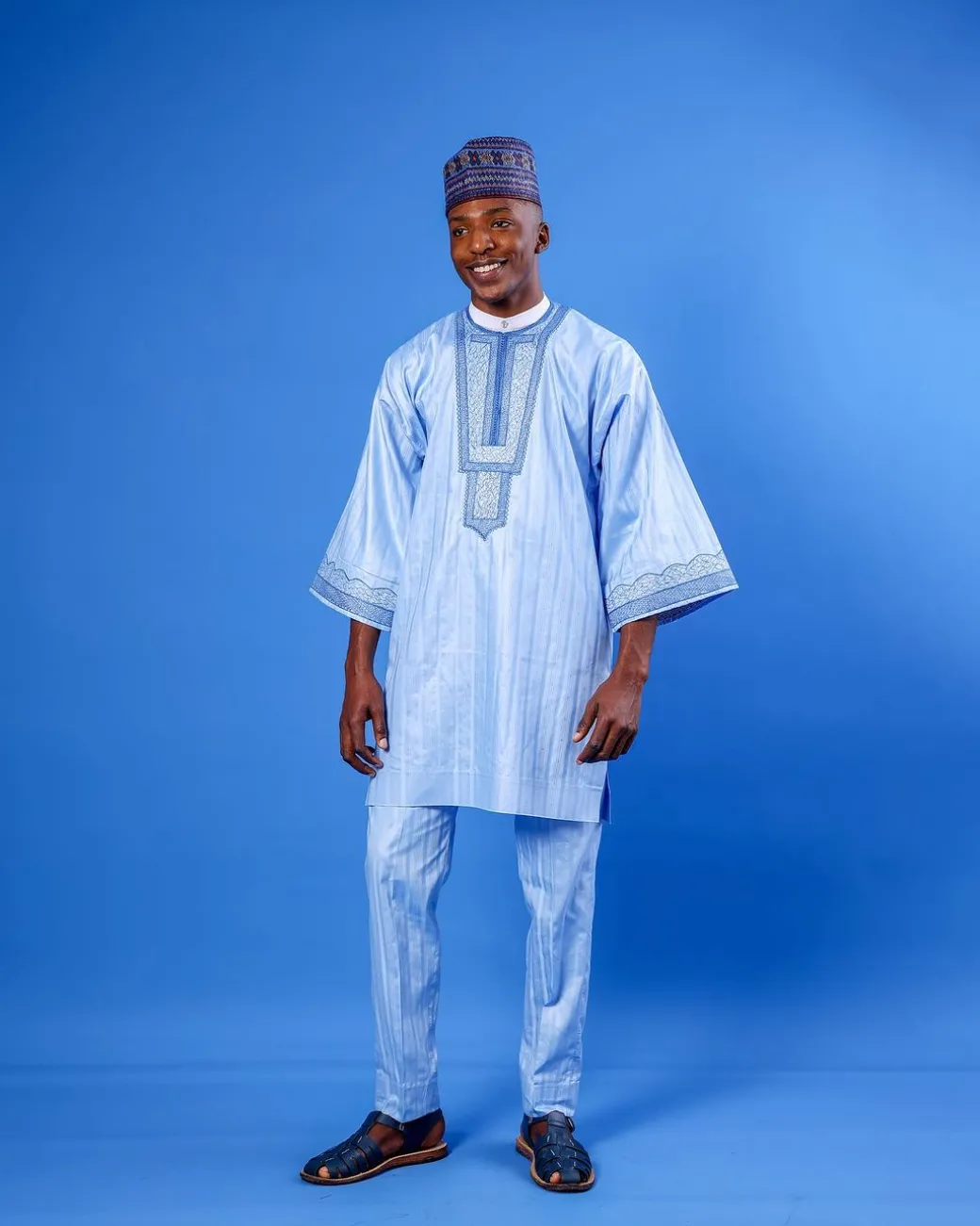 A Sky Blue, Spiral & Basket, Wide-Cut 3/4 Sleeve African Senator Kaftan Native