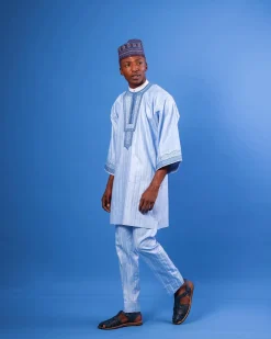 A Sky Blue, Spiral & Basket, Wide-Cut 3/4 Sleeve African Senator Kaftan Native
