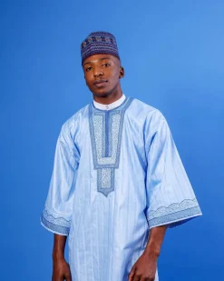 A Sky Blue, Spiral & Basket, Wide-Cut 3/4 Sleeve African Senator Kaftan Native