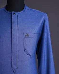 A Sky Blue, Treaded Angle, Long Sleeve Traditional African Senator Kaftan Native.