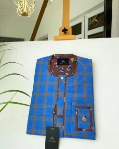 A Skye blue and light mustard yellow windowpane check Senator Kaftan