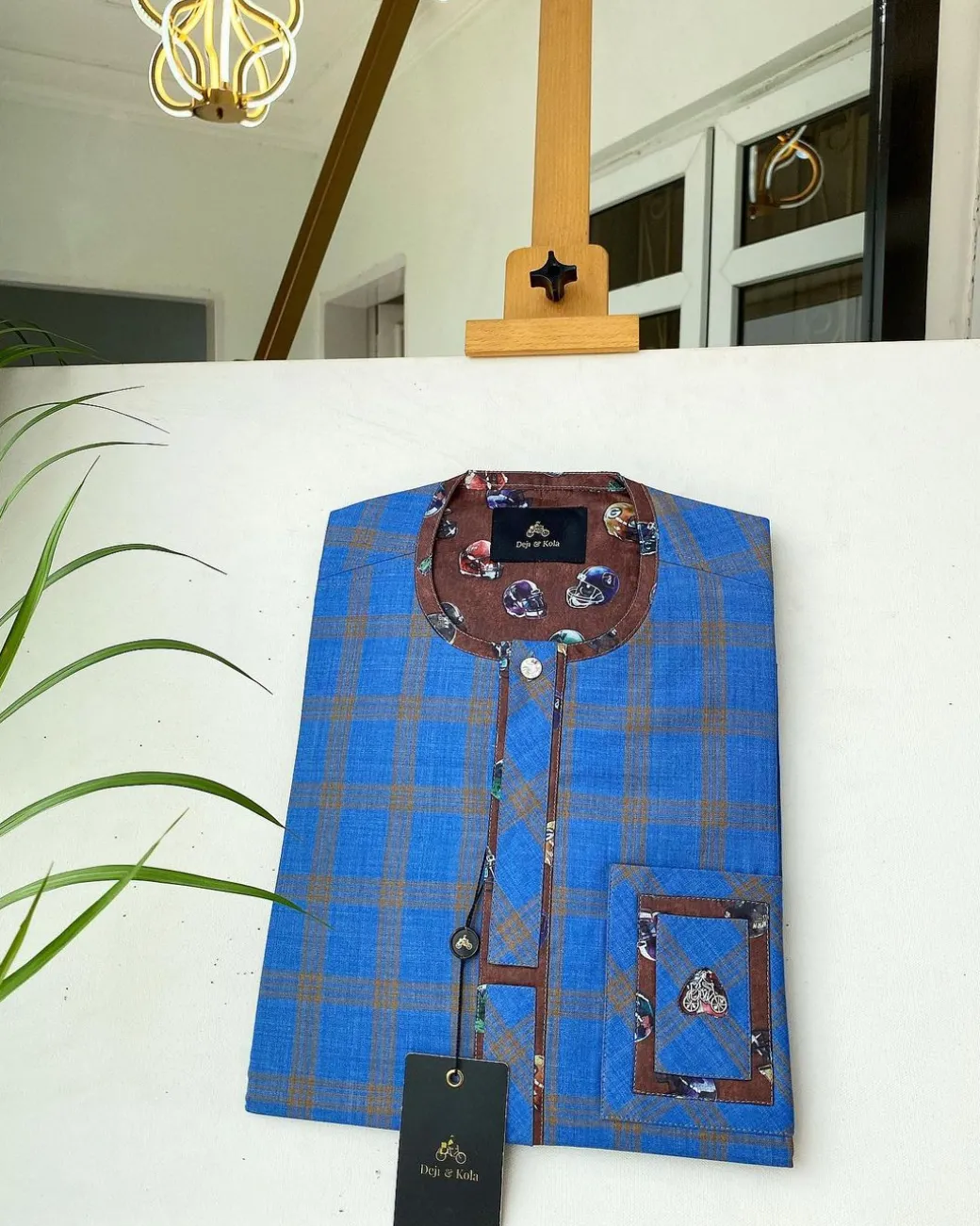 A Skye blue and light mustard yellow windowpane check Senator Kaftan