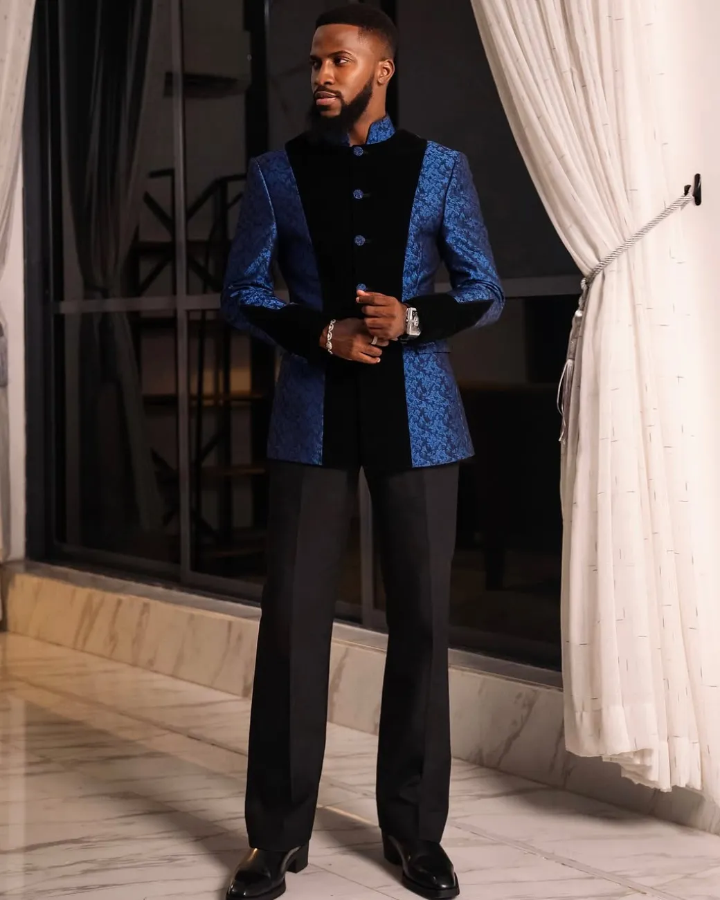 A Skye blue and Navy blue Mandarin Jacquard safari tuxedo royal suit