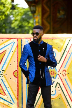 A Skye blue and Navy blue Mandarin Jacquard safari tuxedo royal suit