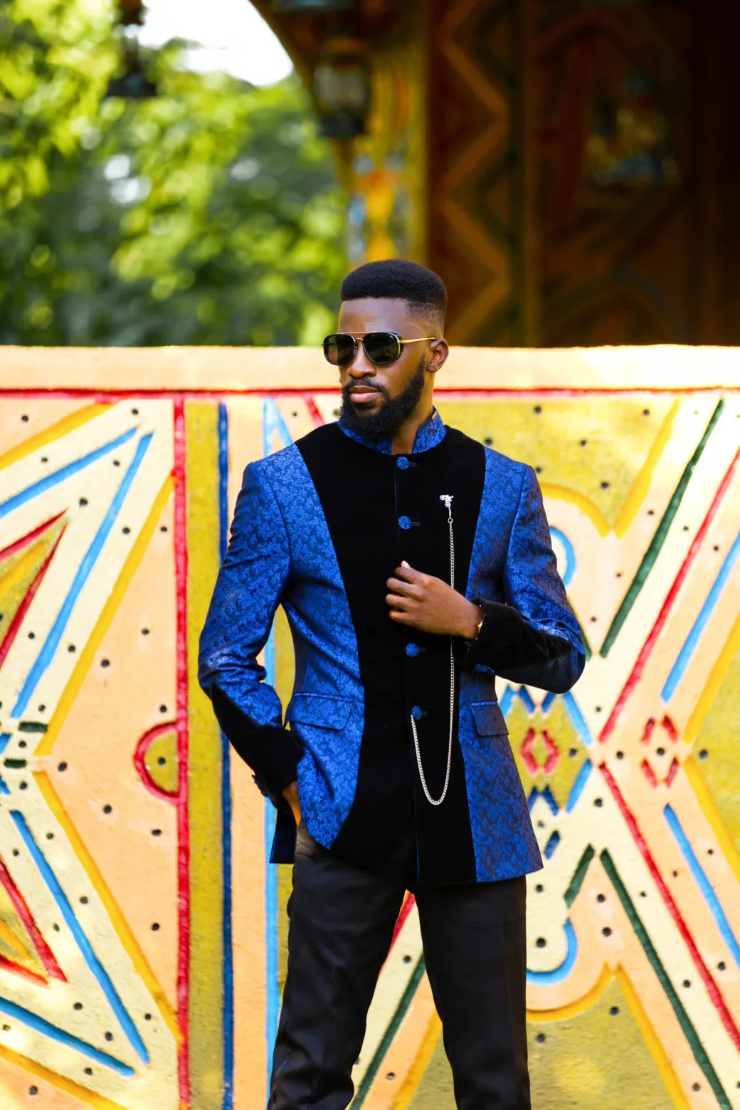 A Skye blue and Navy blue Mandarin Jacquard safari tuxedo royal suit
