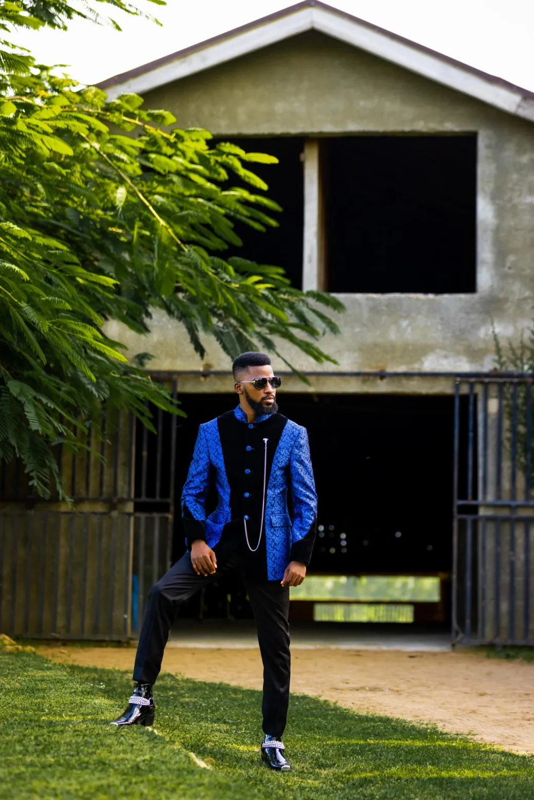 A Skye blue and Navy blue Mandarin Jacquard safari tuxedo royal suit