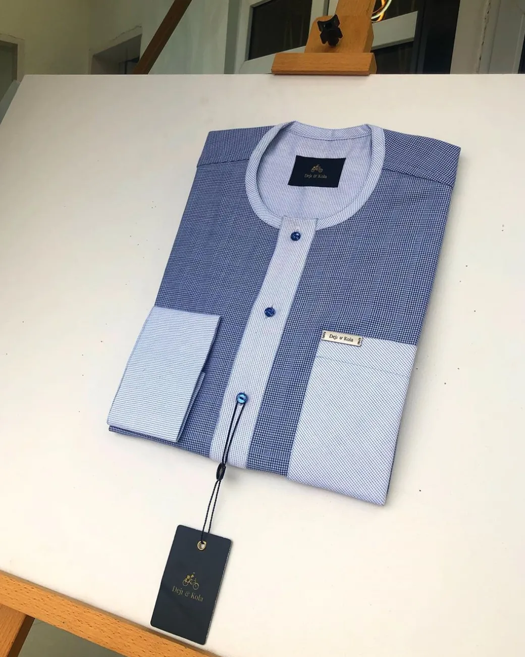 A Skye Blue and white check with a Swarovski button kaftan