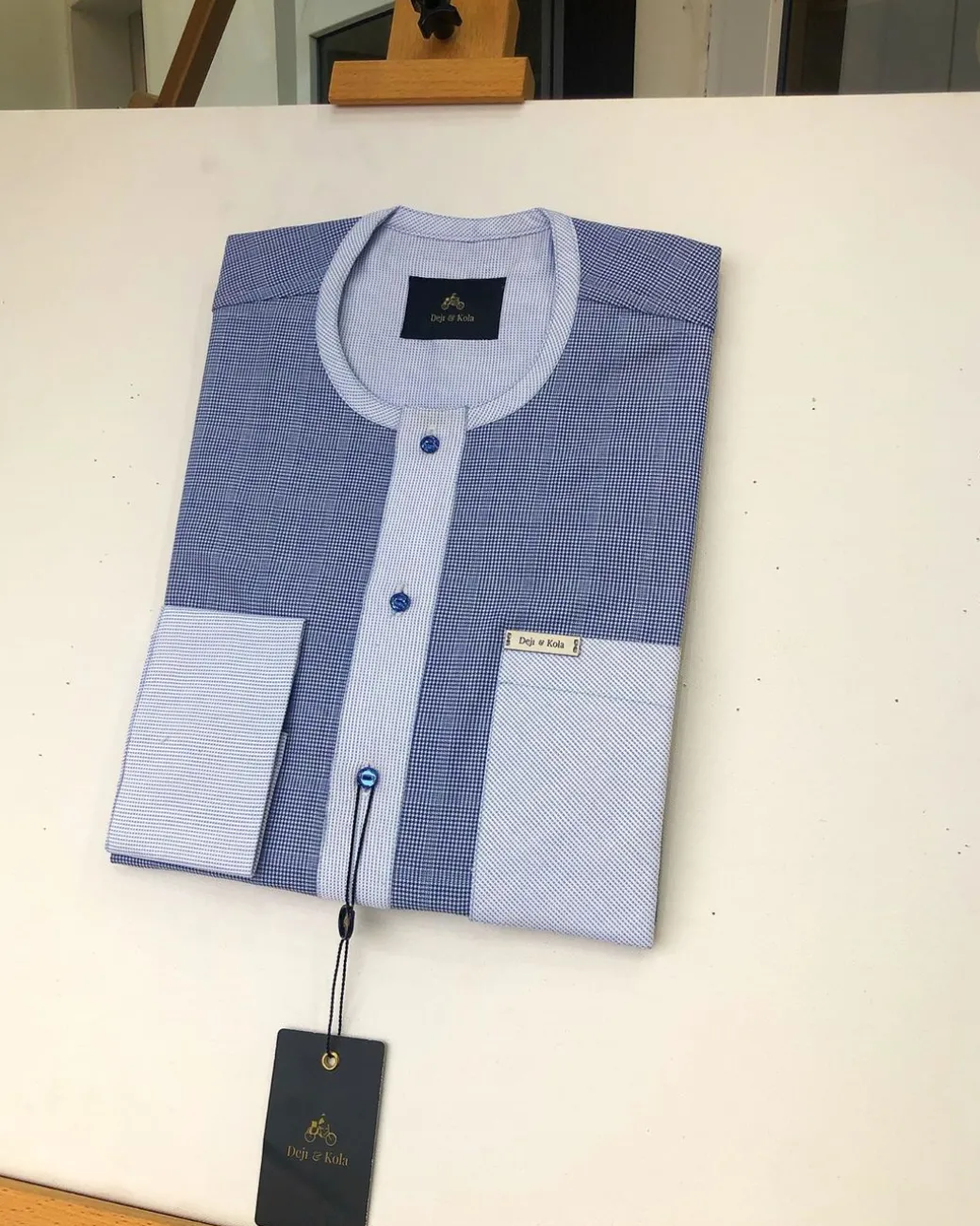 A Skye Blue and white check with a Swarovski button kaftan