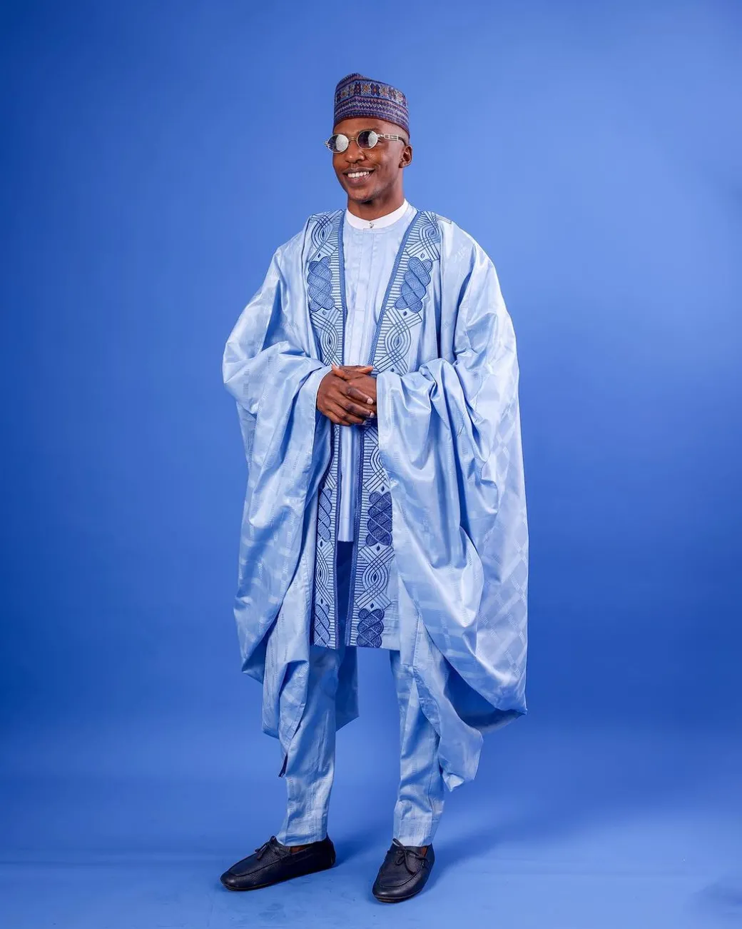 A Skye Blue, “Dan Fodio” Arewa, Aront Cut With Round Tail Embroidery Details Tagbada