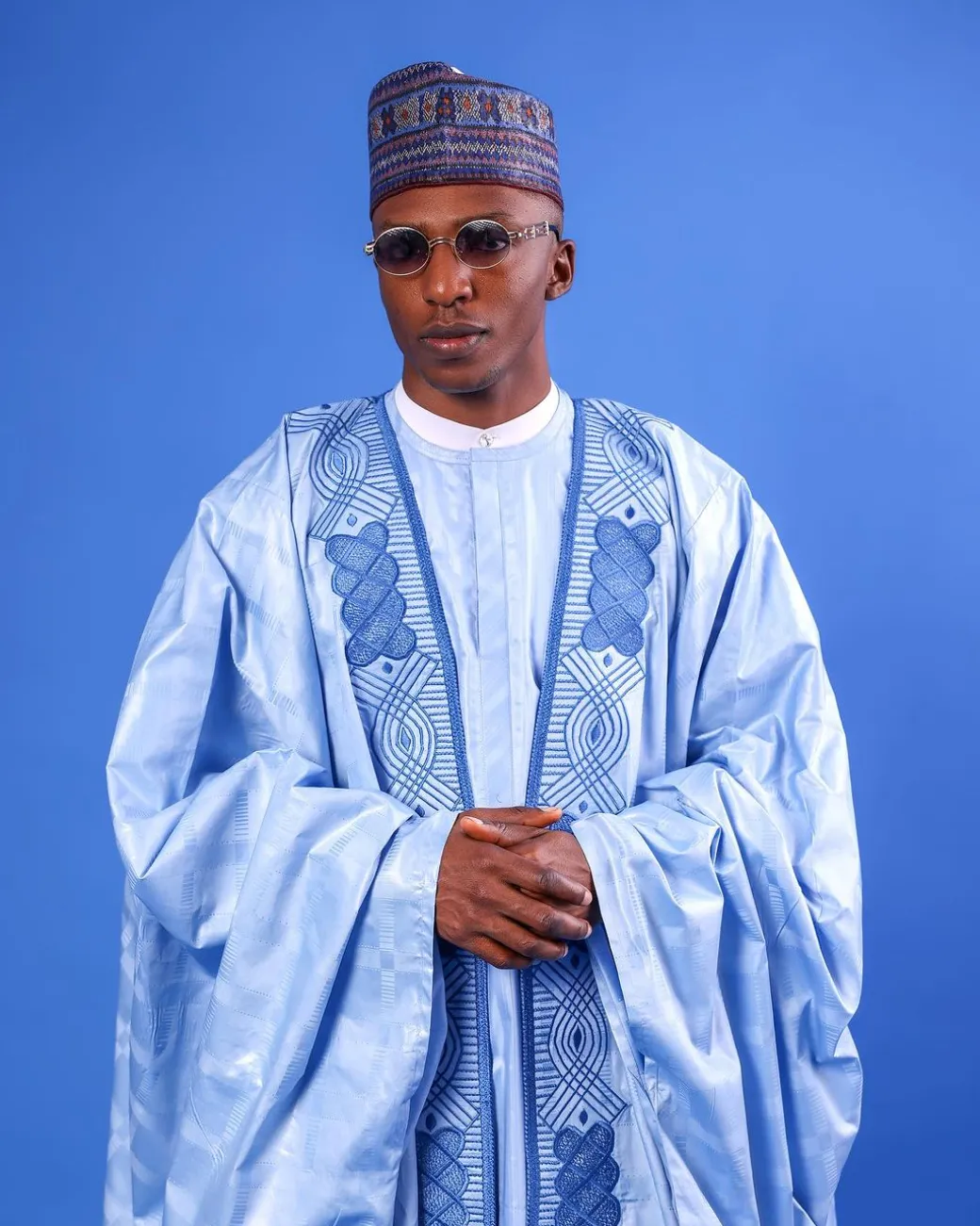 A Skye Blue, “Dan Fodio” Arewa, Aront Cut With Round Tail Embroidery Details Tagbada