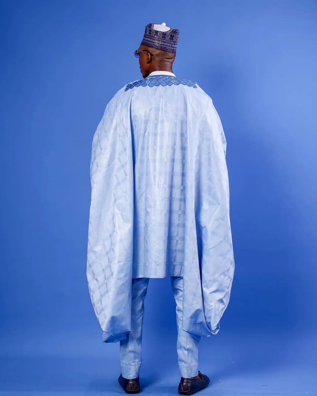 A Skye Blue, “Dan Fodio” Arewa, Aront Cut With Round Tail Embroidery Details Tagbada