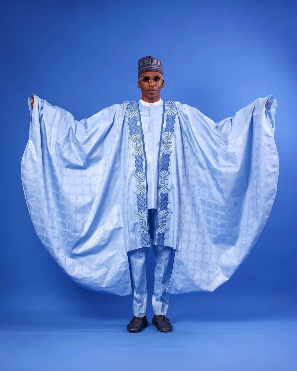 A Skye Blue, “Dan Fodio” Arewa, Aront Cut With Round Tail Embroidery Details Tagbada