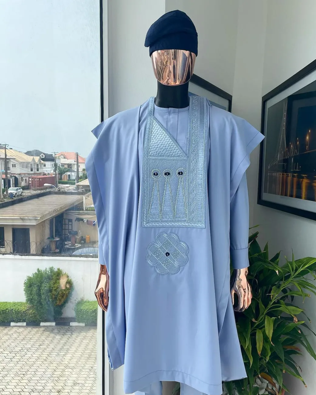 A Skye Blue Tuatara-eyed Embroidery Design with Silver Swarovski with Soaked Detailing Agbada