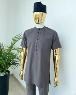 A Space Grey senator with a black and grey dotted embroidery design Kaftan