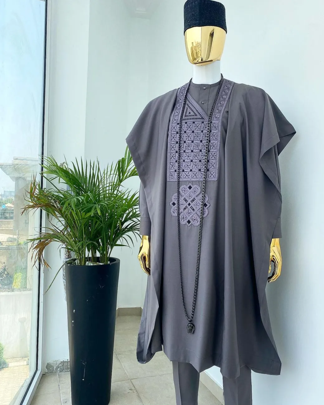A Space grey with black and Grey dotted embroidery design Agbada