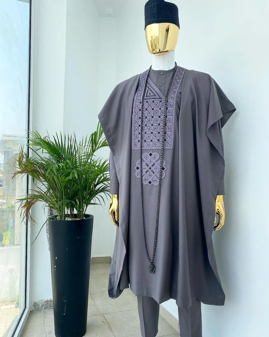 A Space grey with black and Grey dotted embroidery design Agbada