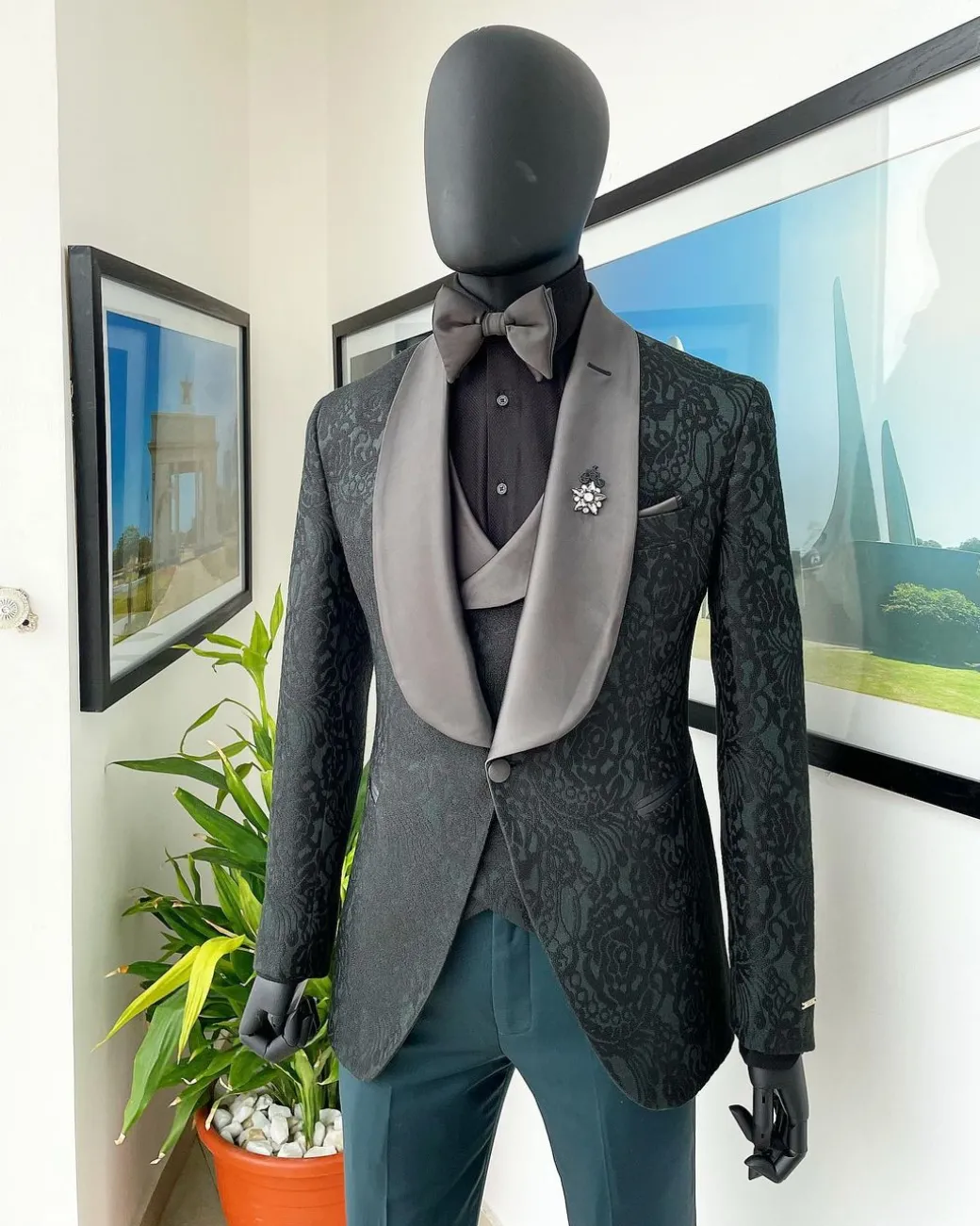 A “spirogyra” patterned, phthalo green shawl lapel metallic jacquard suit