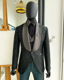A “spirogyra” patterned, phthalo green shawl lapel metallic jacquard suit