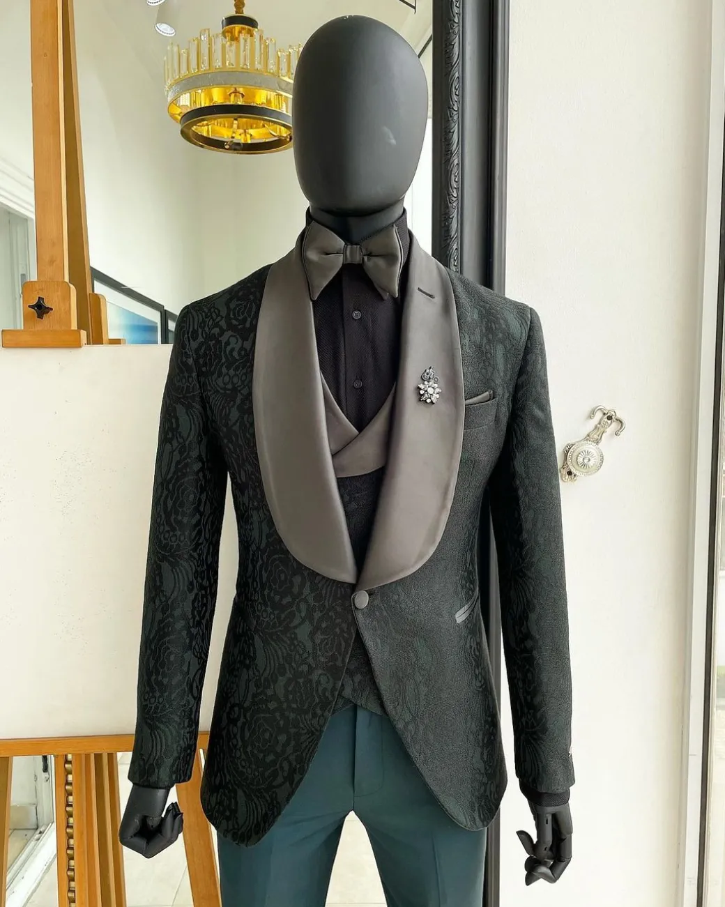 A “spirogyra” patterned, phthalo green shawl lapel metallic jacquard suit