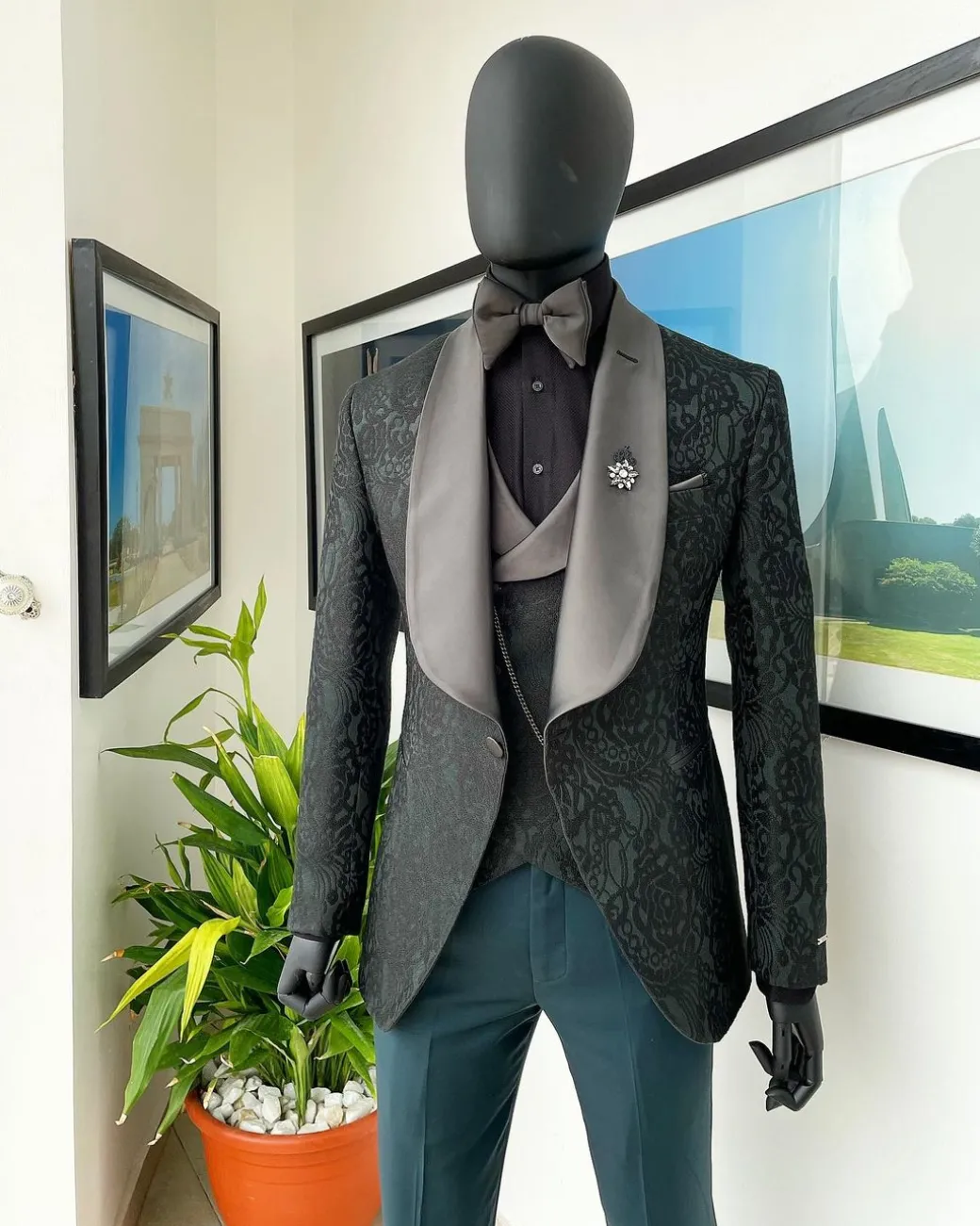 A “spirogyra” patterned, phthalo green shawl lapel metallic jacquard suit