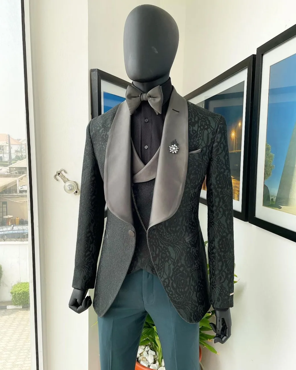 A “spirogyra” patterned, phthalo green shawl lapel metallic jacquard suit