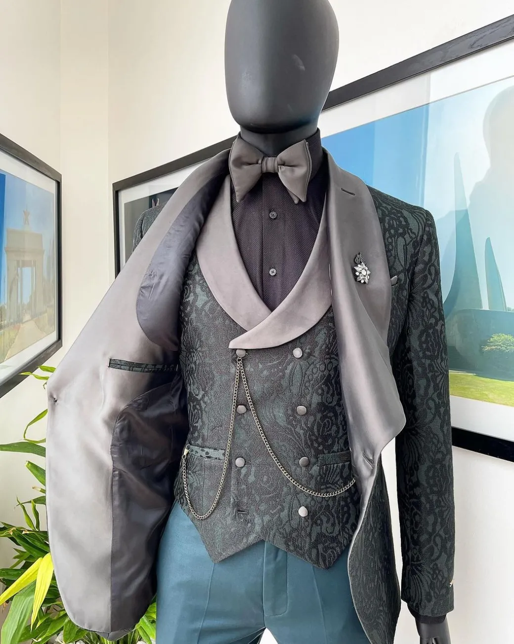 A “spirogyra” patterned, phthalo green shawl lapel metallic jacquard suit