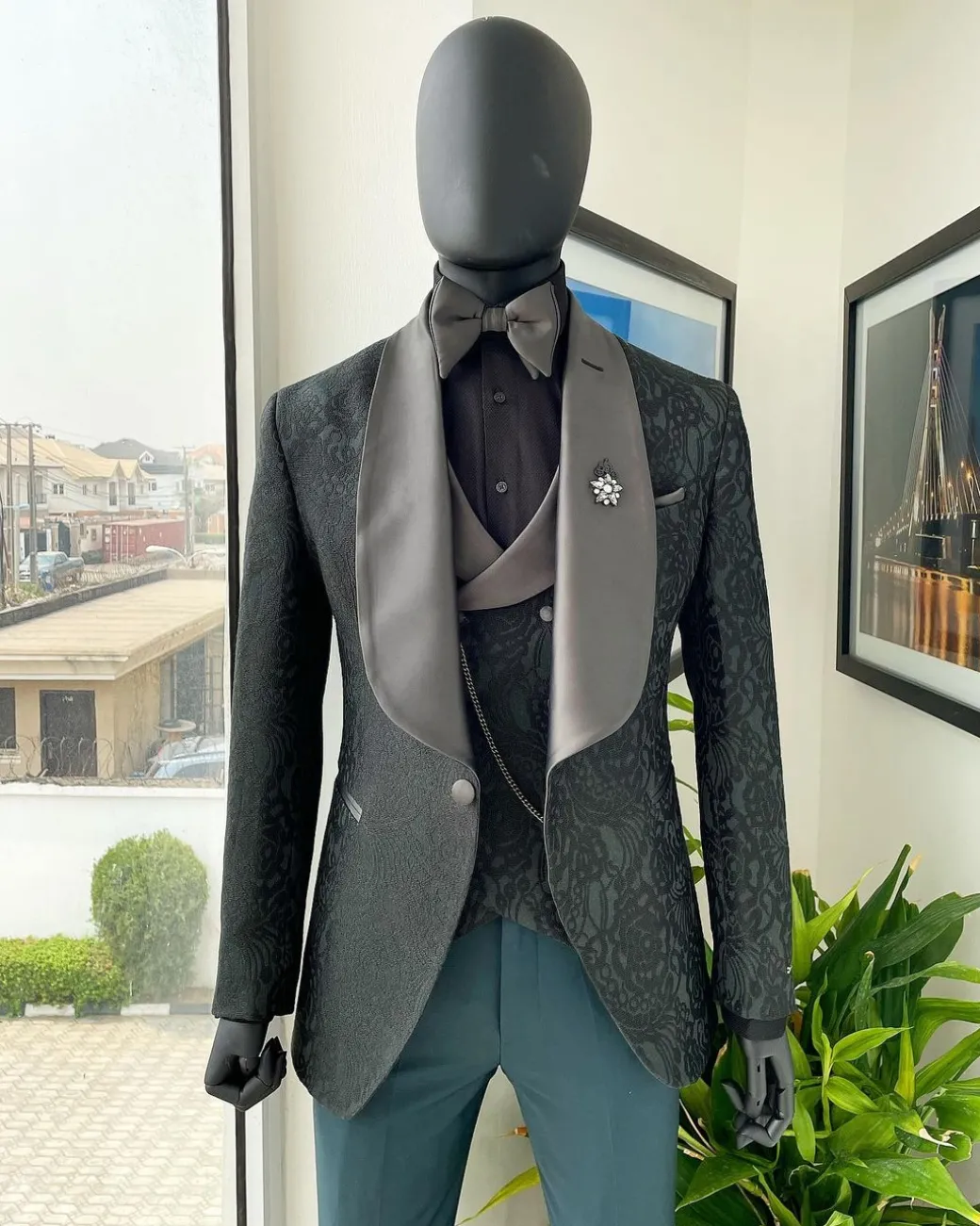 A “spirogyra” patterned, phthalo green shawl lapel metallic jacquard suit