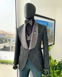 A “spirogyra” patterned, phthalo green shawl lapel metallic jacquard suit