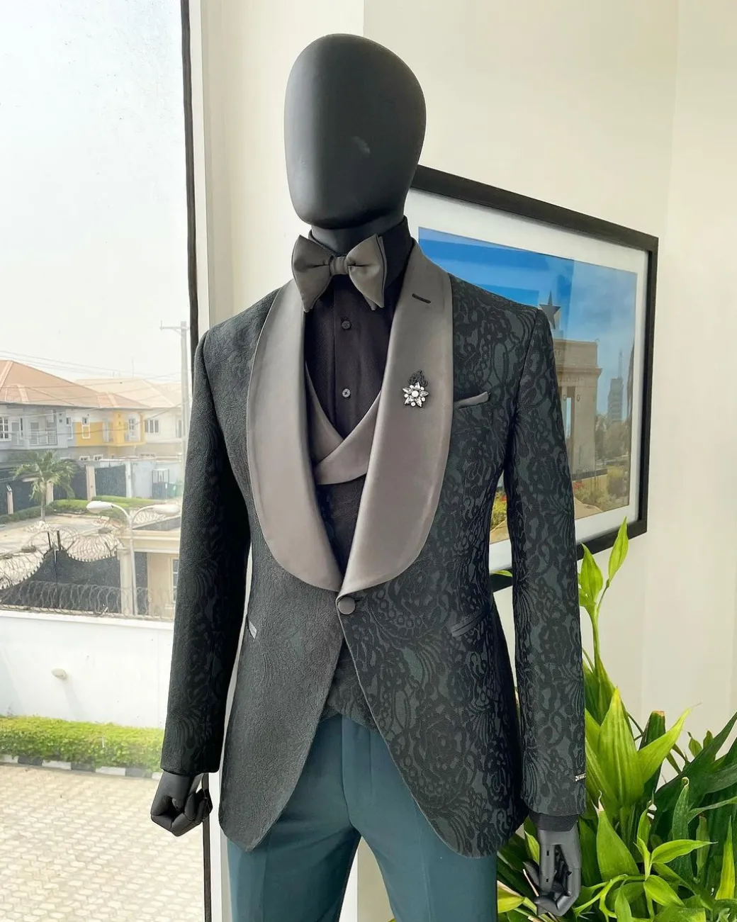 A “spirogyra” patterned, phthalo green shawl lapel metallic jacquard suit