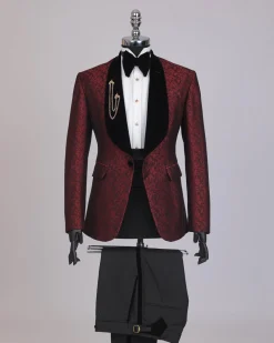 A splash of burgundy and black shawl lapel (black velvet) tuxedo suit