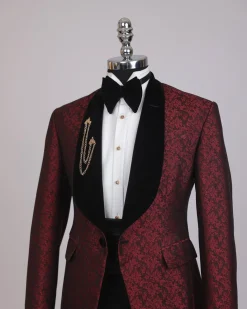 A splash of burgundy and black shawl lapel (black velvet) tuxedo suit