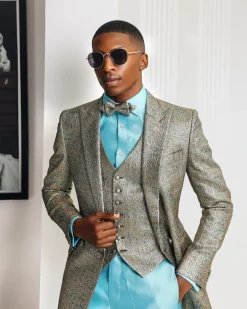 A Splashed gold & turquoise blue metallic jacquard double-breasted suit