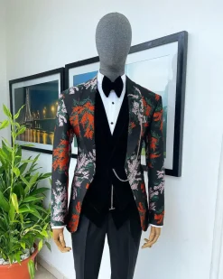 A “spring” orange, pink and green splashed floral layered front cut, shawl lapel tuxedo suit