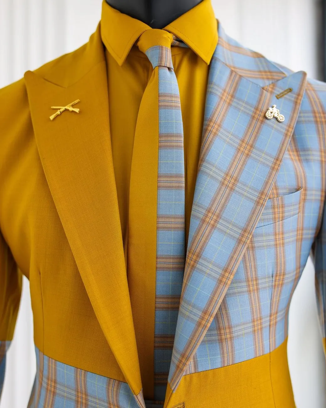 A “Square Shattered” Yellow & Broken Tartan Check In Sapphire Blue Mix Peak Lapel Suit