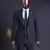 A Steel Black, Seer Sucker Fabric, Knitted, Peak Lapel Suit