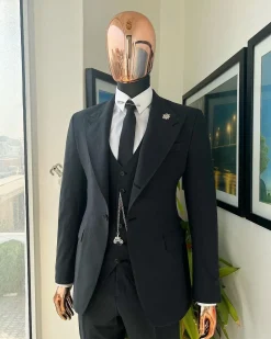 A Steel Black, Seer Sucker Fabric, Knitted, Peak Lapel Suit