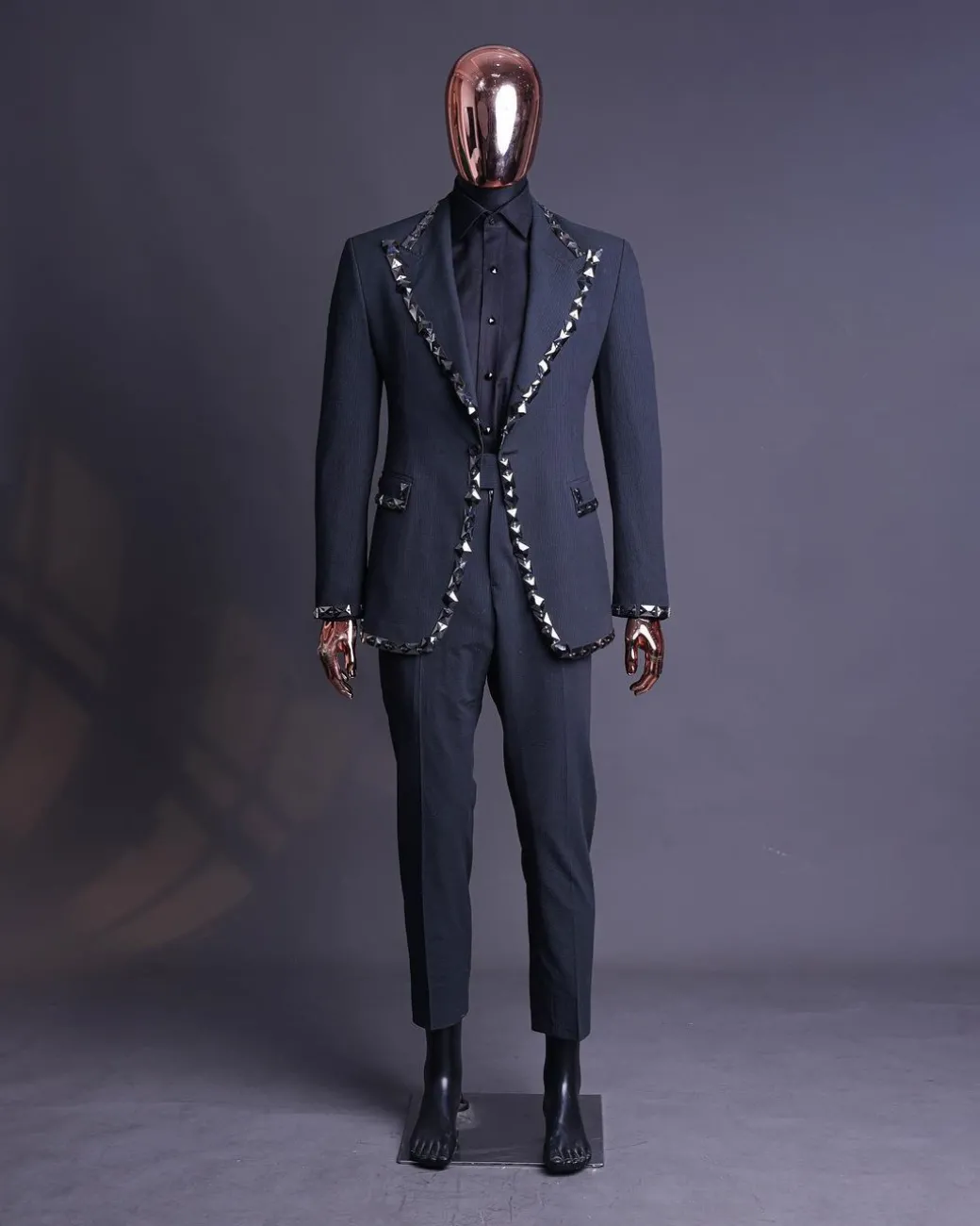 A Steel Black, Seer Sucker Fabric, Knitted, Peak Lapel Suit