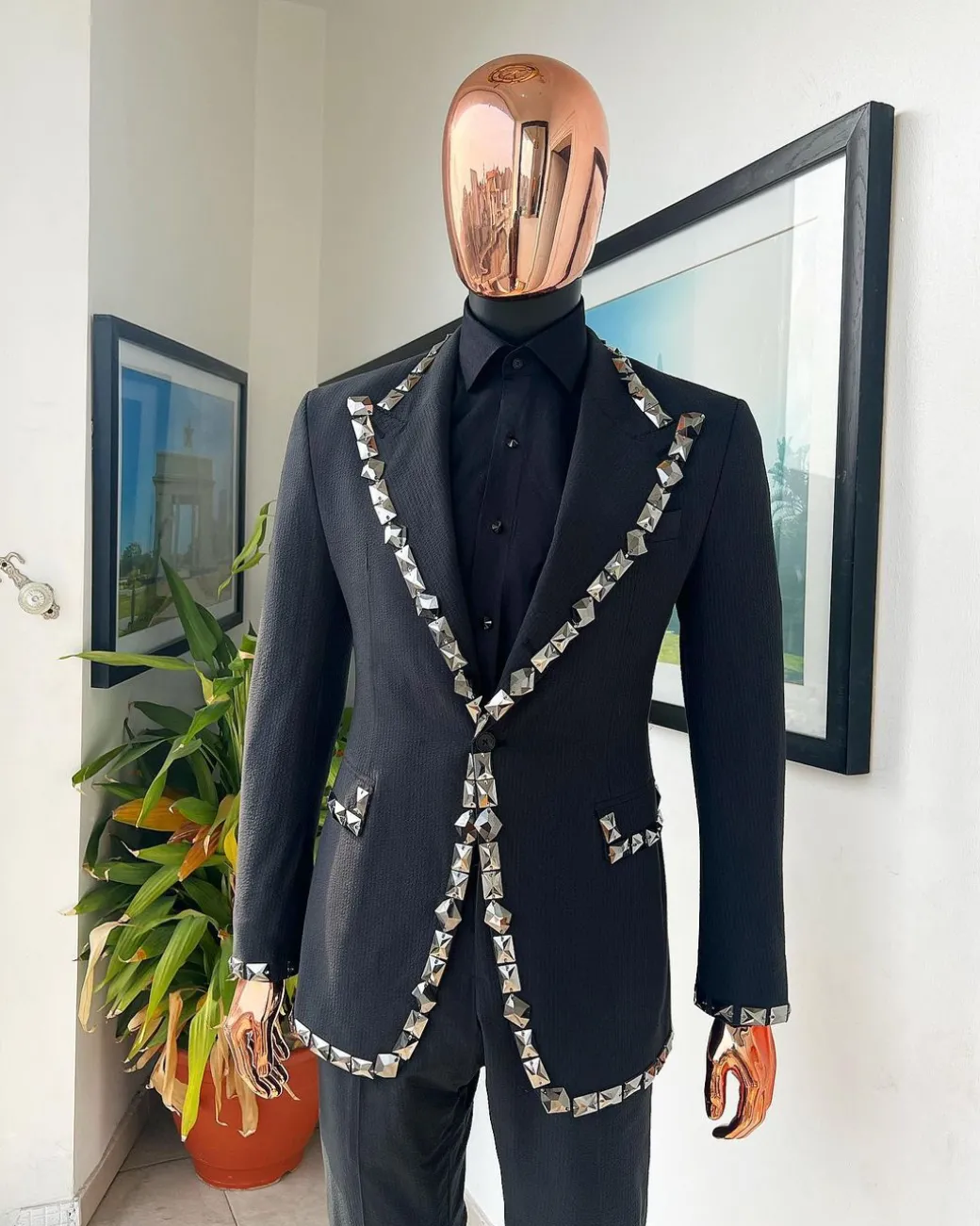 A Steel Black, Seer Sucker Fabric, Knitted, Peak Lapel Suit