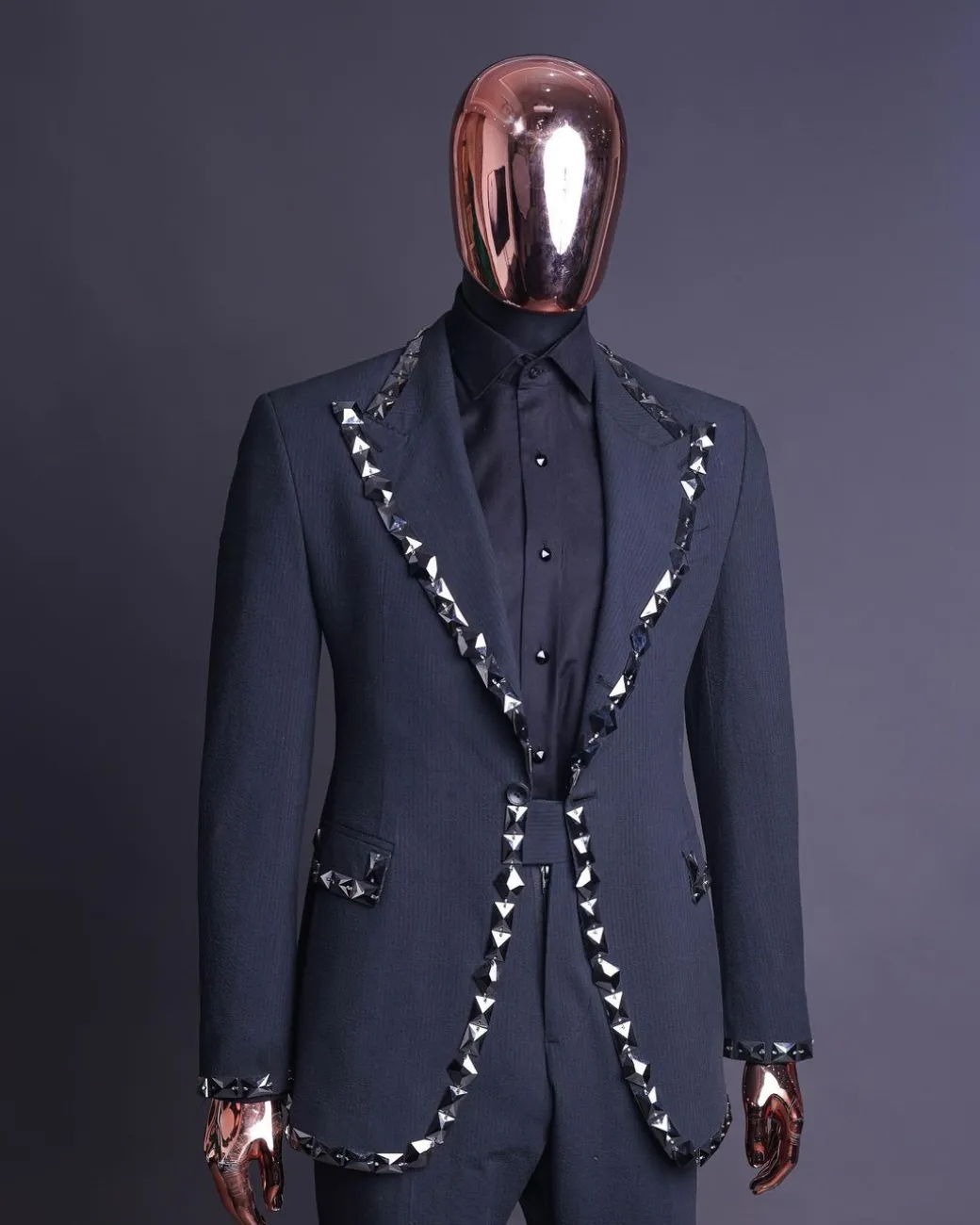 A Steel Black, Seer Sucker Fabric, Knitted, Peak Lapel Suit
