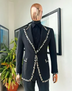 A Steel Black, Seer Sucker Fabric, Knitted, Peak Lapel Suit