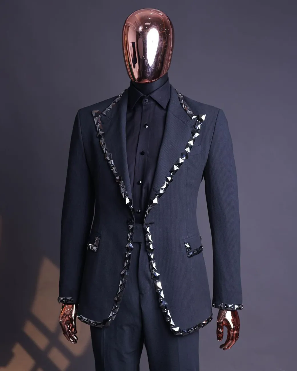 A Steel Black, Seer Sucker Fabric, Knitted, Peak Lapel Suit