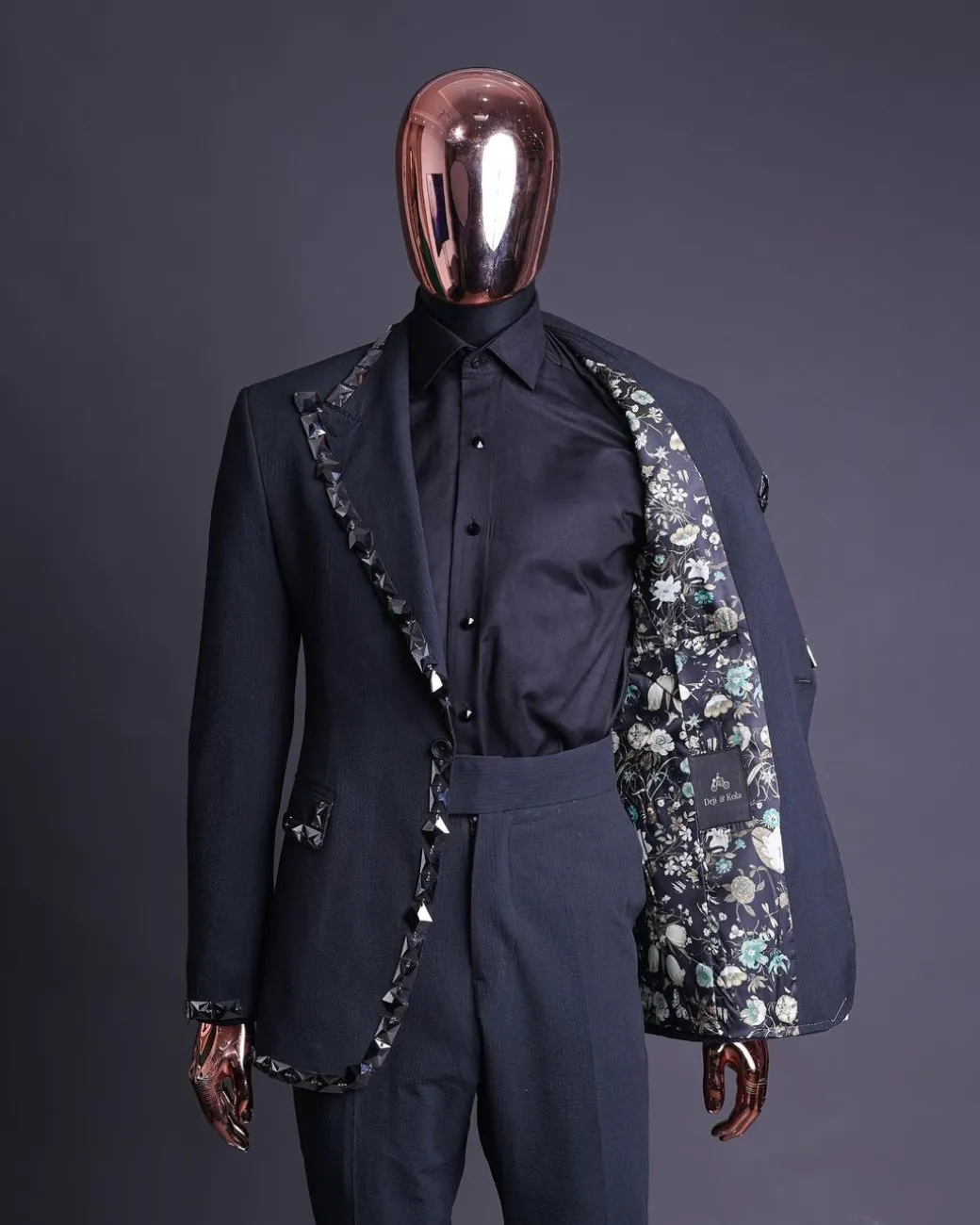 A Steel Black, Seer Sucker Fabric, Knitted, Peak Lapel Suit
