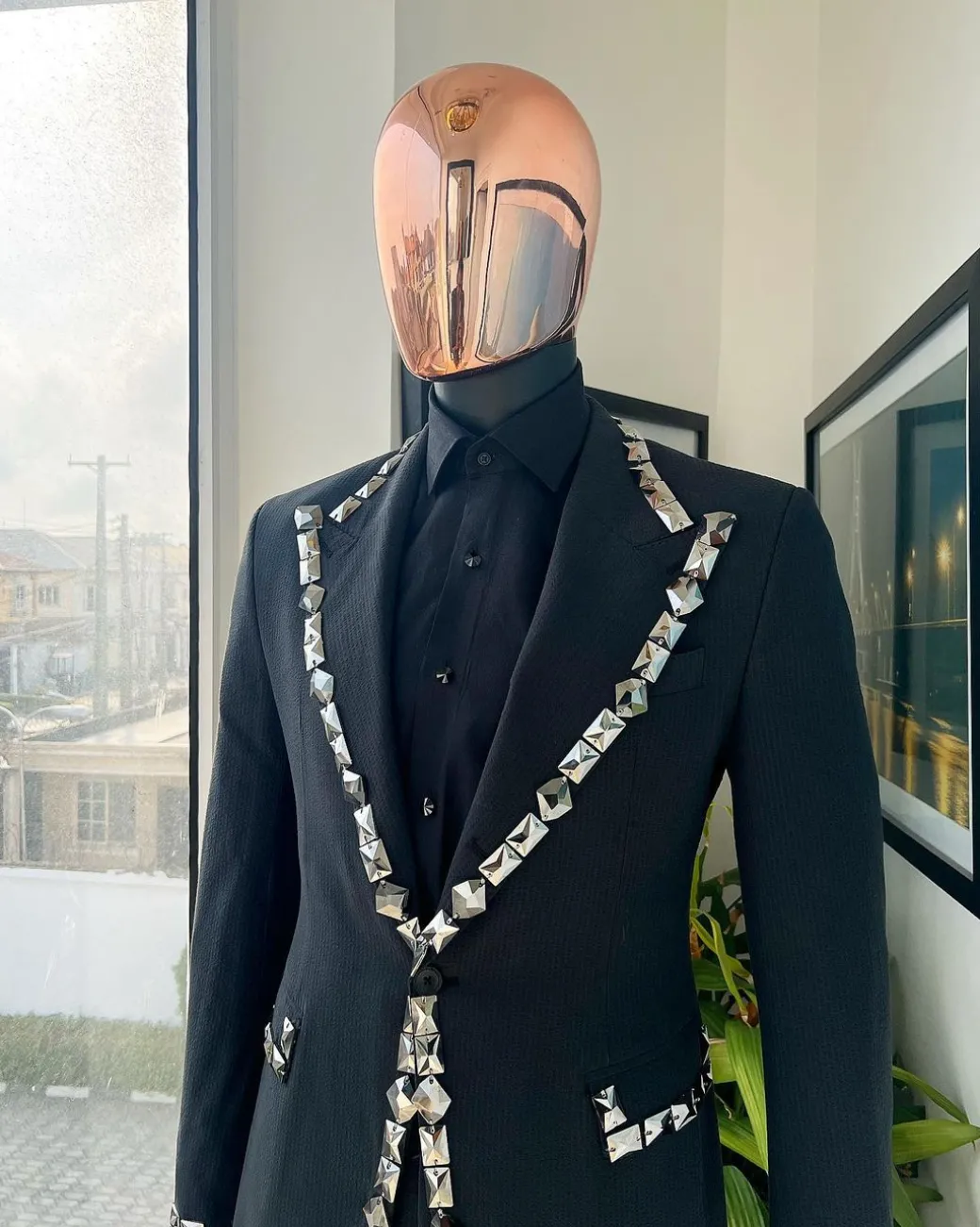 A Steel Black, Seer Sucker Fabric, Knitted, Peak Lapel Suit